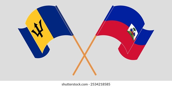 Bandeiras cruzadas e acenando de Barbados e República do Haiti. Ilustração vetorial.
