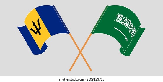 Crossed and waving flags of Barbados and Saudi Arabia. Vector illustration
