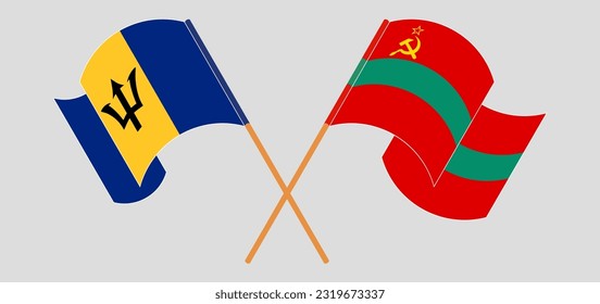 Crossed and waving flags of Barbados and Transnistria. Vector illustration
