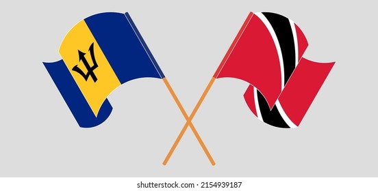 Crossed and waving flags of Barbados and Trinidad and Tobago. Vector illustration
