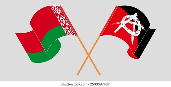 Crossed and waving flags of Belarus and Anarchy. Vector illustration
