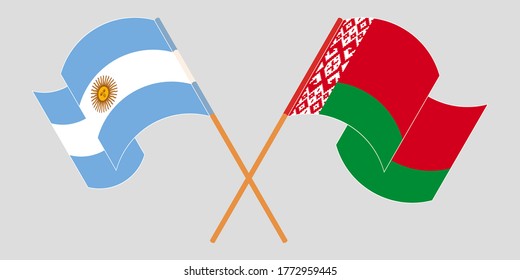 Crossed and waving flags of Belarus and Argentina