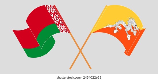 Crossed and waving flags of Belarus and Bhutan. Vector illustration
