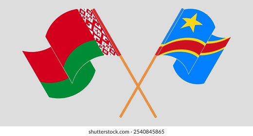 Bandeiras cruzadas e acenando da Bielorrússia e da República Democrática do Congo. Ilustração vetorial.
