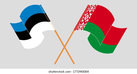 Crossed and waving flags of Belarus and Estonia