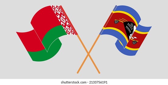 Crossed and waving flags of Belarus and Eswatini. Vector illustration
