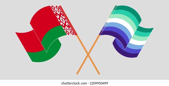 Crossed and waving flags of Belarus and gay men pride. Vector illustration
