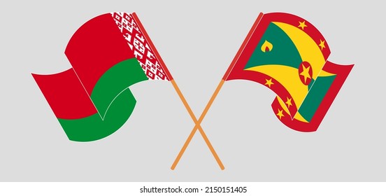 Crossed and waving flags of Belarus and Grenada. Vector illustration
