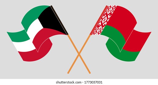 Crossed and waving flags of Belarus and Kuwait