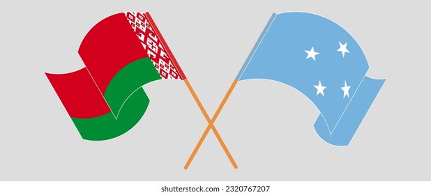 Crossed and waving flags of Belarus and Micronesia. Vector illustration
