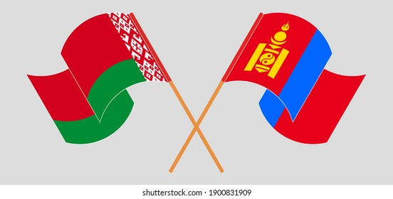 Crossed and waving flags of Belarus and Mongolia