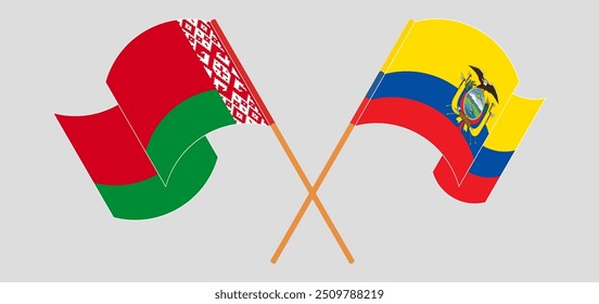 Banderas cruzadas y ondeando de Bielorrusia y República del Ecuador. Ilustración vectorial
