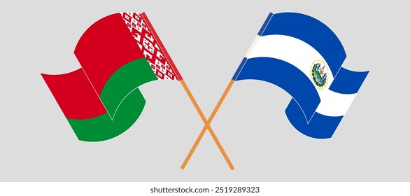 Crossed and waving flags of Belarus and Republic of El Salvador. Vector illustration.
