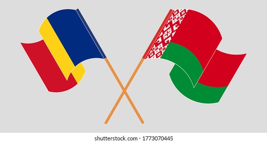 Crossed and waving flags of Belarus and Romania