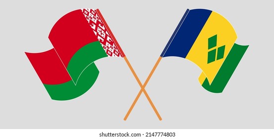 Crossed and waving flags of Belarus and Saint Vincent and the Grenadines. Vector illustration
