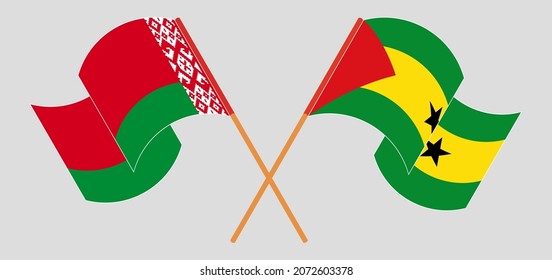 Crossed and waving flags of Belarus and Sao Tome and Principe