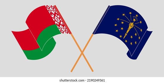 Gekreuzte und wehende Flaggen von Belarus und dem Staat Indiana. Vektorgrafik
