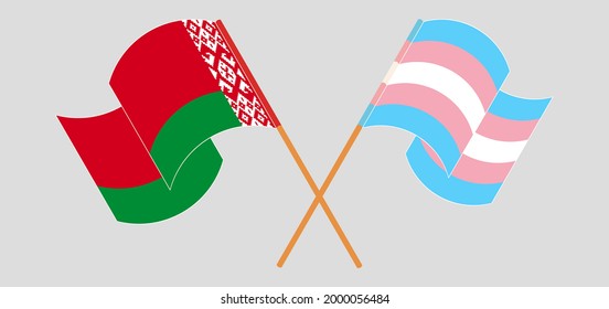 Crossed and waving flags of Belarus and Transgender Pride