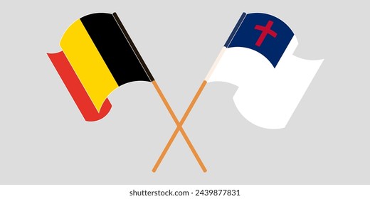 Crossed and waving flags of Belgium and christianity. Vector illustration
