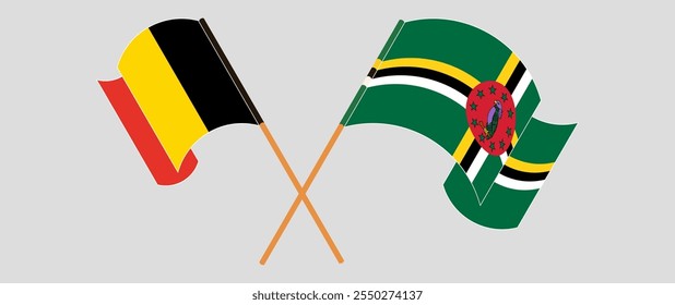 Crossed and waving flags of Belgium and Dominica. Vector illustration.
