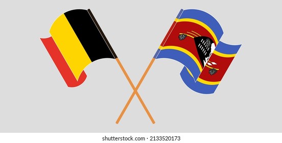 Crossed and waving flags of Belgium and Eswatini. Vector illustration
