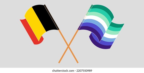 Crossed and waving flags of Belgium and gay men pride. Vector illustration
