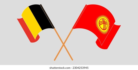Crossed and waving flags of Belgium and Kyrgyzstan. Vector illustration
