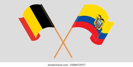 Bandeiras cruzadas e acenando da Bélgica e da República do Equador. Ilustração vetorial
