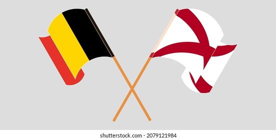 Crossed and waving flags of Belgium and The State of Alabama. Vector illustration
