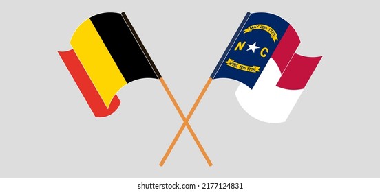 Crossed and waving flags of Belgium and The State of North Carolina. Vector illustration
