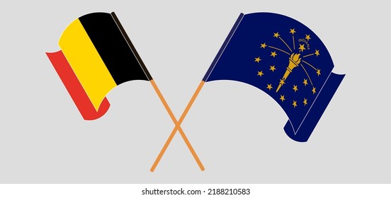 Überquerte und wehende Flaggen von Belgien und dem Staat Indiana. Vektorgrafik
