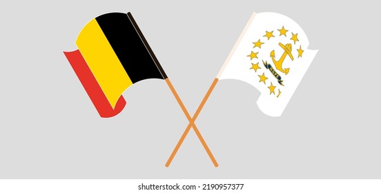 Überquerte und wehende Flaggen von Belgien und dem Staat Rhode Island. Vektorgrafik
