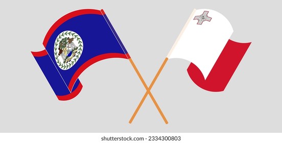 Crossed and waving flags of Belize and Malta. Vector illustration
