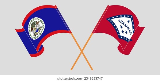 Crossed and waving flags of Belize and The State of Arkansas. Vector illustration
