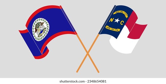 Crossed and waving flags of Belize and The State of North Carolina. Vector illustration
