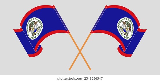 Crossed and waving flags of Belize. Vector illustration
