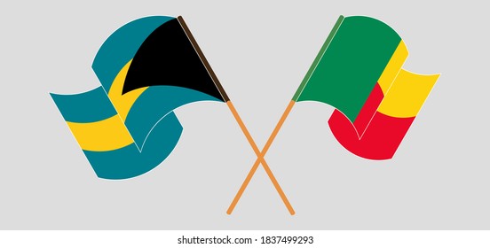 Crossed and waving flags of Benin and Bahamas