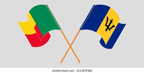 Crossed and waving flags of Benin and Barbados. Vector illustration
