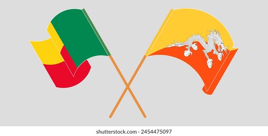 Gekreuzte und schwenkende Fahnen von Benin und Bhutan. Vektorillustration
