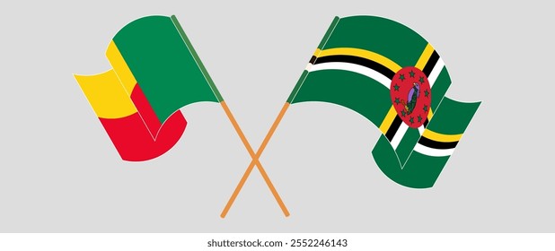 Crossed and waving flags of Benin and Dominica. Vector illustration.
