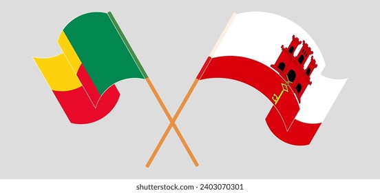 Crossed and waving flags of Benin and Gibraltar. Vector illustration
