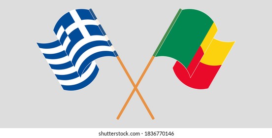 Crossed and waving flags of Benin and Greece