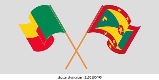 Crossed and waving flags of Benin and Grenada. Vector illustration
