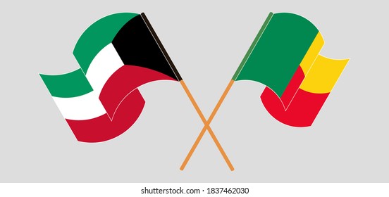 Crossed and waving flags of Benin and Kuwait