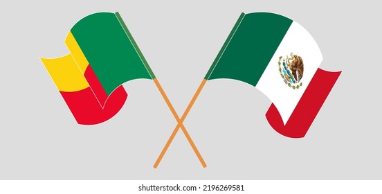 Crossed and waving flags of Benin and Mexico. Vector illustration
