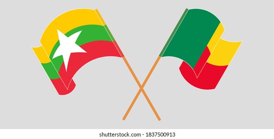 Crossed and waving flags of Benin and Myanmar