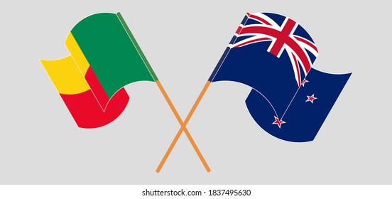 Crossed and waving flags of Benin and New Zealand