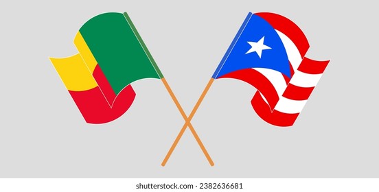 Überquerte und schwellende Flaggen von Benin und Puerto Rico. Vektorgrafik
