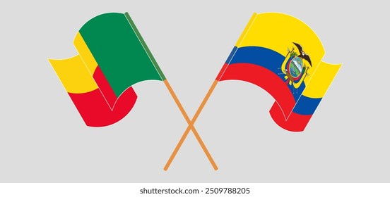 Überquerte und wehende Flaggen von Benin und der Republik Ecuador. Vektorgrafik
