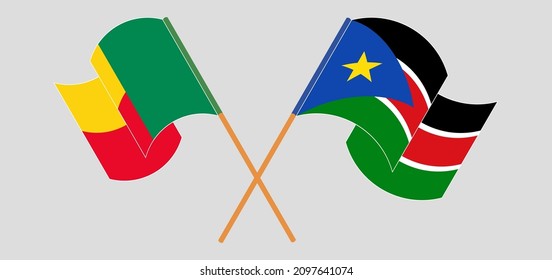 Crossed and waving flags of Benin and South Sudan. Vector illustration
